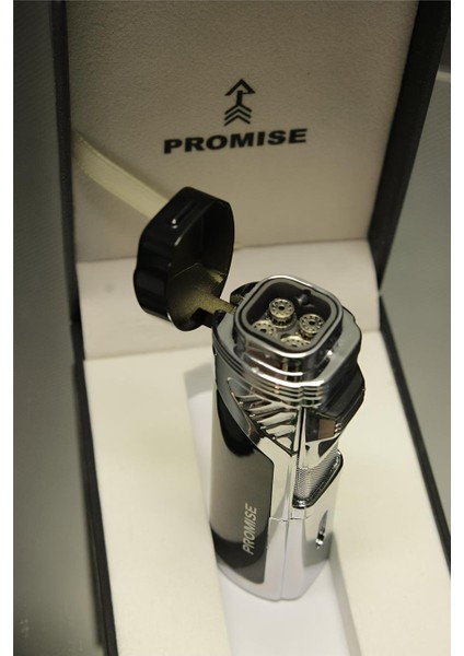 Promise 4 Torch/alevli ve Özel Kutulu Metal Puro Çakmağı (Siyah)