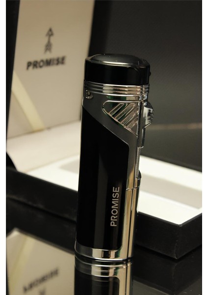 Promise 4 Torch/alevli ve Özel Kutulu Metal Puro Çakmağı (Siyah)