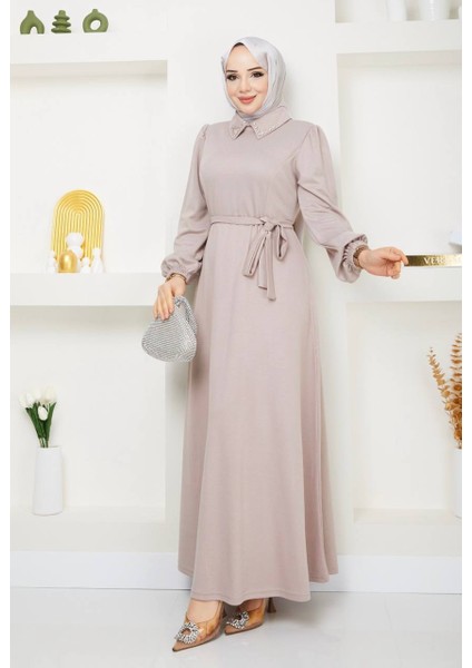 Yakası Taşlı Modal Kumaş Elbise