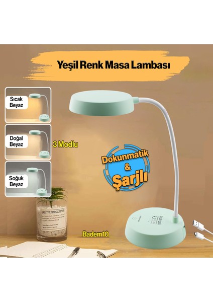 Şarjlı Akrobat 360° Masa Üstü Yeşil Renk Lamba 3 Kademe Dokunmatik Çalışma Okuma Işığı Soft Işık