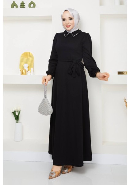 Yakası Taşlı Modal Kumaş Elbise