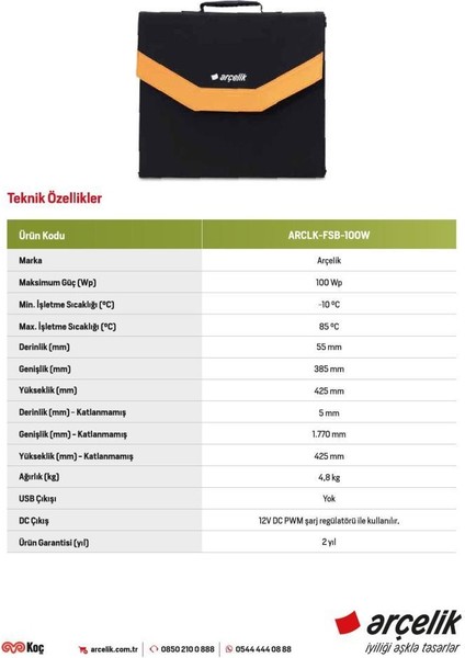 ARCLK-FSB-100W – 4 Katlanır Taşınabilir Güneş Paneli