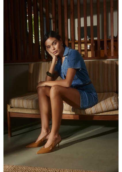 Taba Cilt Bantlı Kadın Topuklu Ayakkabı