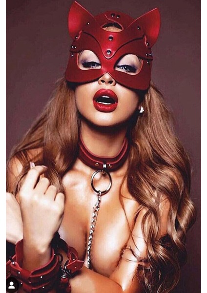 Aria's Closet Kırmızı Maske, Tasma ve Kelepçe Harness Deri Set