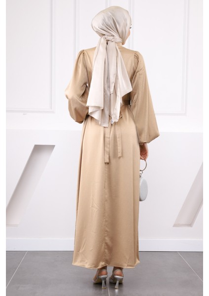 Vizon Balon Kol Taşlı Saten Abiye modelleri