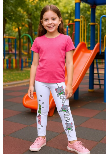 Kız Çocuk Beyaz Tayt Karakter Baskılı B40