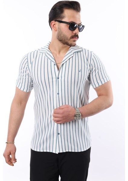 Erkek Kısa Kollu Slim Fit Yazlık Çizgili Gömlek