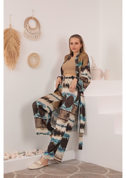 Kimono Üst - Kahverengi Desenli