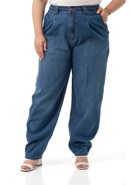 Büyük Beden Önü Pileli Yarım Balon Kesim Beli Arkadan Lastikli Cepli Denim Mavi Pantolon