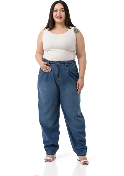 Büyük Beden Önü Pileli Yarım Balon Kesim Beli Arkadan Lastikli Cepli Denim Mavi Pantolon fiyatları