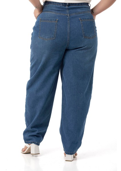 Büyük Beden Önü Pileli Yarım Balon Kesim Beli Arkadan Lastikli Cepli Denim Mavi Pantolon modelleri
