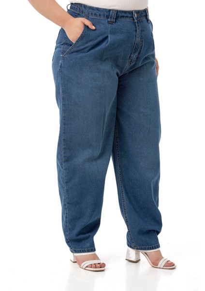 Büyük Beden Önü Pileli Yarım Balon Kesim Beli Arkadan Lastikli Cepli Denim Mavi Pantolon fırsatları