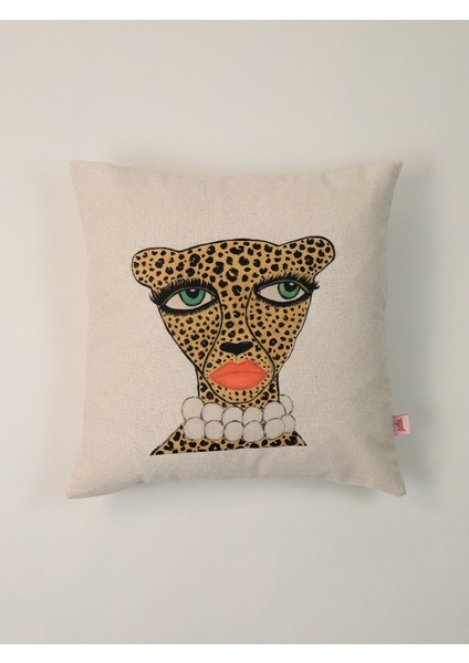 Madame Leopard Şık Leopar Portreli Keten Kırlent Kılıfı 45X45 cm