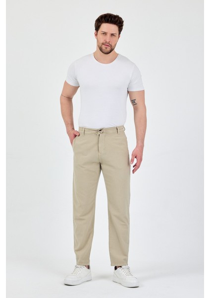 Erkek Bej Pamuklu Keten Görünümlü Beli Bağcıklı Relaxed Fit Yazlık Chino Pantolon