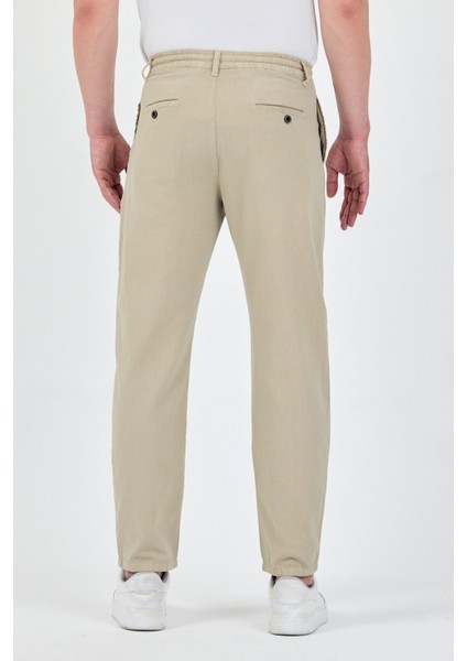 Erkek Bej Pamuklu Keten Görünümlü Beli Bağcıklı Relaxed Fit Yazlık Chino Pantolon
