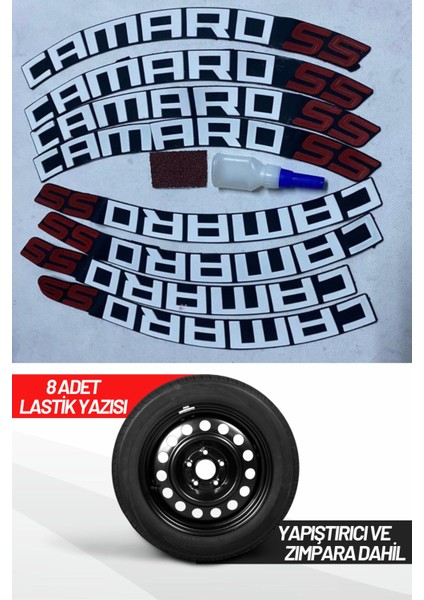 Camaro 55 Motosiklet ve Otomobil Araç 3D Oto Lastik Yazısı Sticker Arma 8 Adet Kırmızı Beyaz