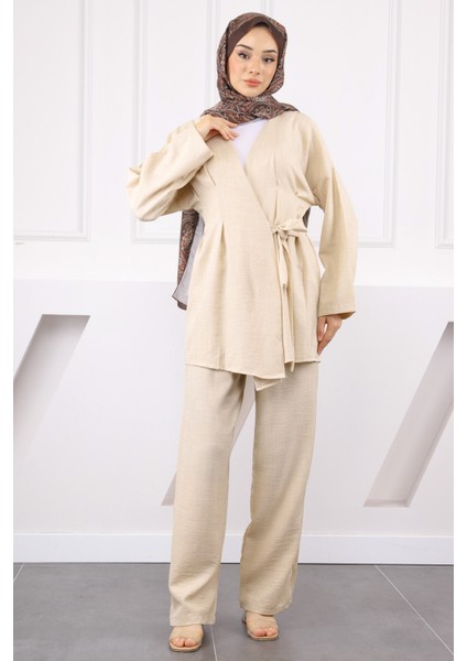 Bej Çapraz Bağlamalı Keten Kimono Pantolon Takım