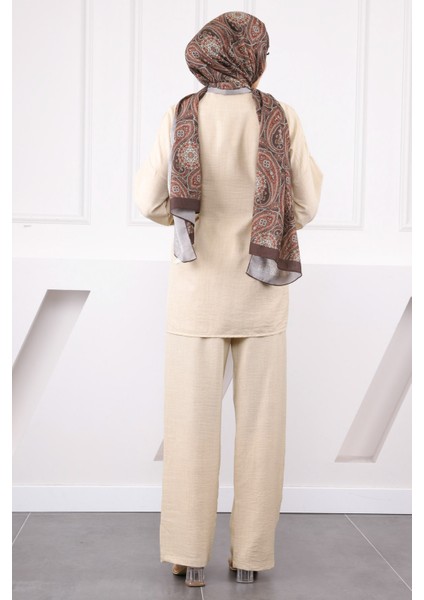 Bej Çapraz Bağlamalı Keten Kimono Pantolon Takım modelleri