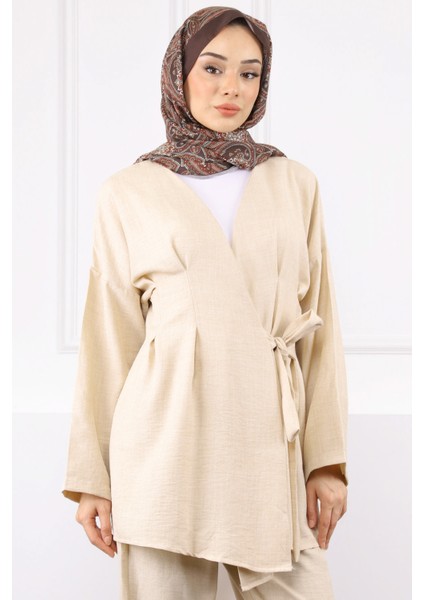 Bej Çapraz Bağlamalı Keten Kimono Pantolon Takım fırsatları