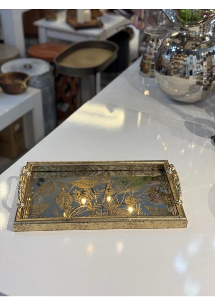 Altın Eskitme Dal Desen Dikdörtgen Tepsi 45X30CM fiyatları