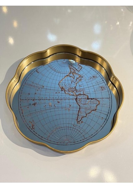 Altın Eskitme Harita Desen Yuvarlak Tepsi 36CM
