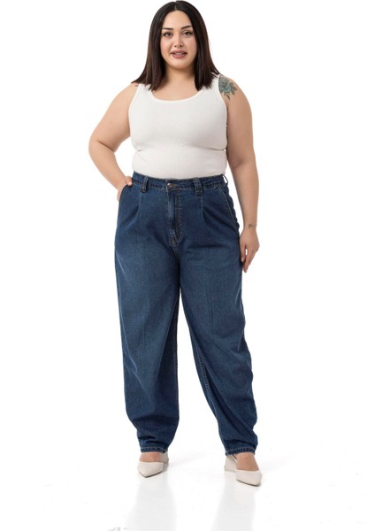 Büyük Beden Önü Pileli Yarım Balon Kesim Beli Arkadan Lastikli Cepli Denim Lacivert Pantolon fiyatları