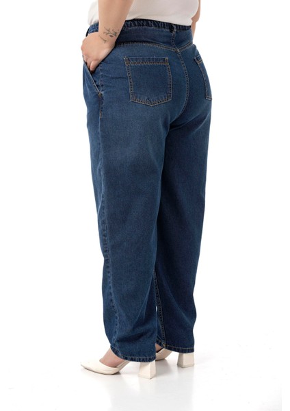 Büyük Beden Önü Pileli Yarım Balon Kesim Beli Arkadan Lastikli Cepli Denim Lacivert Pantolon modelleri