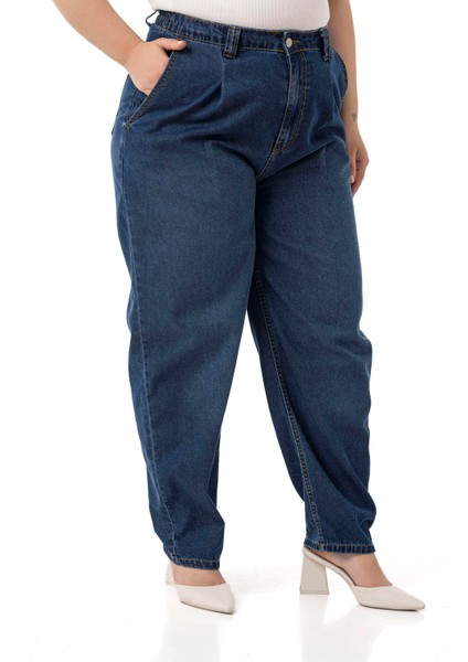 Büyük Beden Önü Pileli Yarım Balon Kesim Beli Arkadan Lastikli Cepli Denim Lacivert Pantolon fırsatları