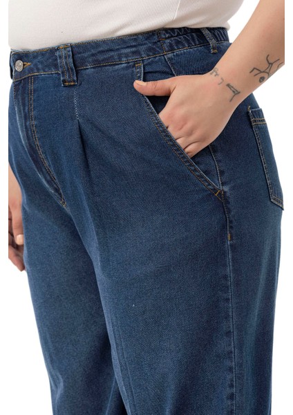 Büyük Beden Önü Pileli Yarım Balon Kesim Beli Arkadan Lastikli Cepli Denim Lacivert Pantolon indirimleri