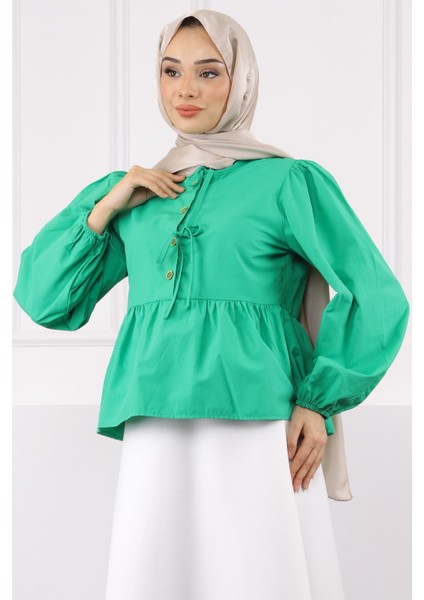 Yeşil Kol Lastikli Poplin Gömlek