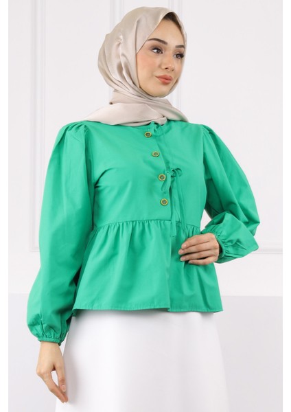 Yeşil Kol Lastikli Poplin Gömlek modelleri