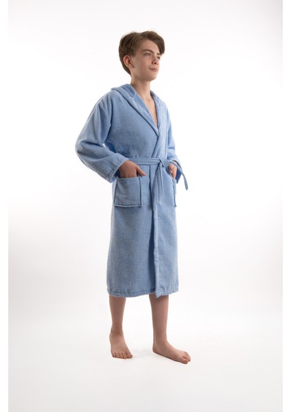 Pamuklu Kapüşonlu Genç Garson Boy Unisex Cepli Bukle Kadife Bornoz