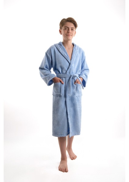 Pamuklu Kapüşonlu Genç Garson Boy Unisex Cepli Bukle Kadife Bornoz