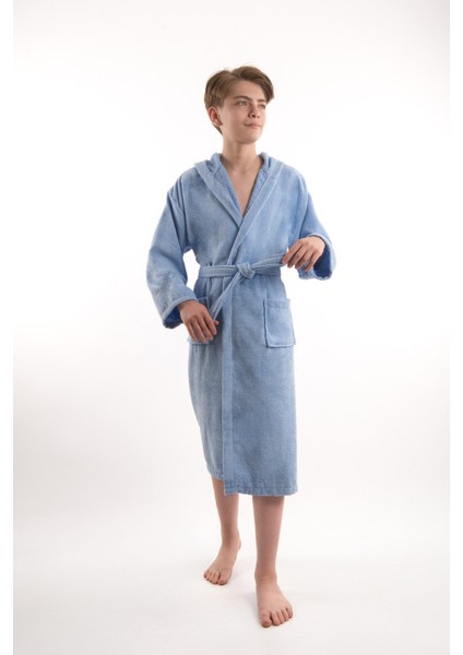 Pamuklu Kapüşonlu Genç Garson Boy Unisex Cepli Bukle Kadife Bornoz