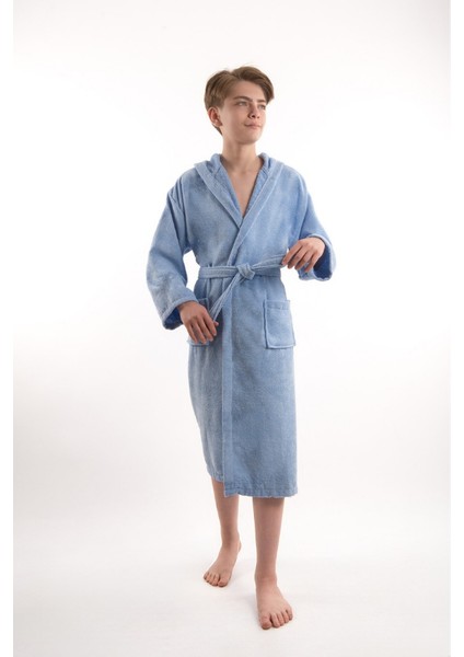 Pamuklu Kapüşonlu Genç Garson Boy Unisex Cepli Bukle Kadife Bornoz