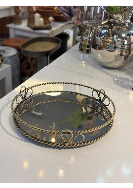 Altın Eskitme Motifli Yuvarlak Tepsi 36CM