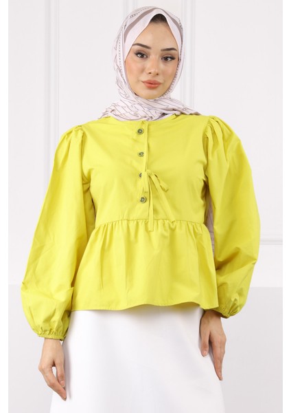 Sarı Kol Lastikli Poplin Gömlek