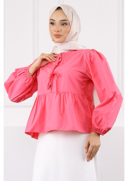 Pembe Kol Lastikli Poplin Gömlek