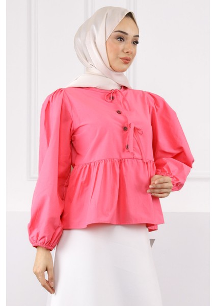 Pembe Kol Lastikli Poplin Gömlek