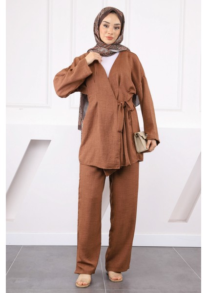 Kahverengi Çapraz Bağlamalı Keten Kimono Pantolon Takım