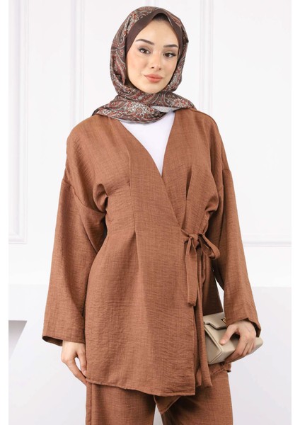 Kahverengi Çapraz Bağlamalı Keten Kimono Pantolon Takım fırsatları