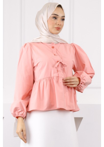 Pudra Kol Lastikli Poplin Gömlek