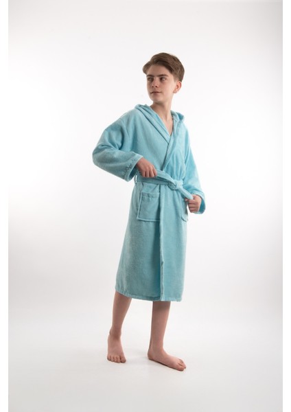 Pamuklu Kapüşonlu Genç Garson Boy Unisex Cepli Bukle Kadife Bornoz