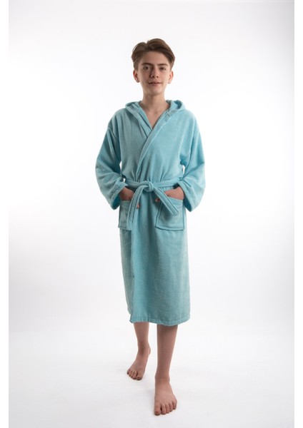 Pamuklu Kapüşonlu Genç Garson Boy Unisex Cepli Bukle Kadife Bornoz