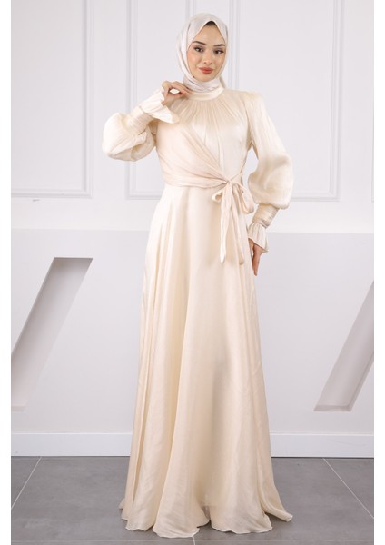 Krem Yan Bağlamalı Kol Detaylı Abiye fiyatları