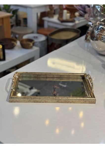 Altın Eskitme Ağaç Desen Dikdörtgen Tepsi 40X25CM