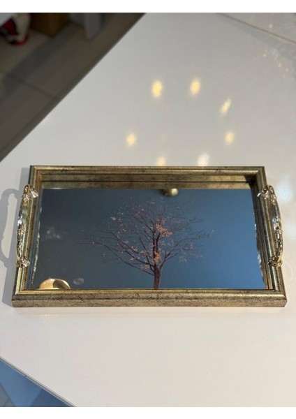 Altın Eskitme Ağaç Desen Dikdörtgen Tepsi 40X25CM fiyatları