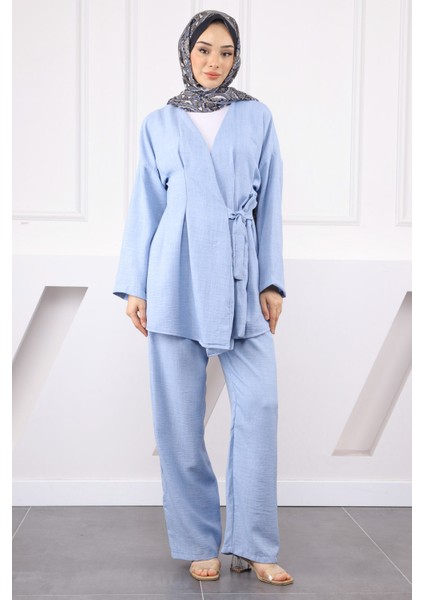 Bebe Mavi Çapraz Bağlamalı Keten Kimono Pantolon Takım