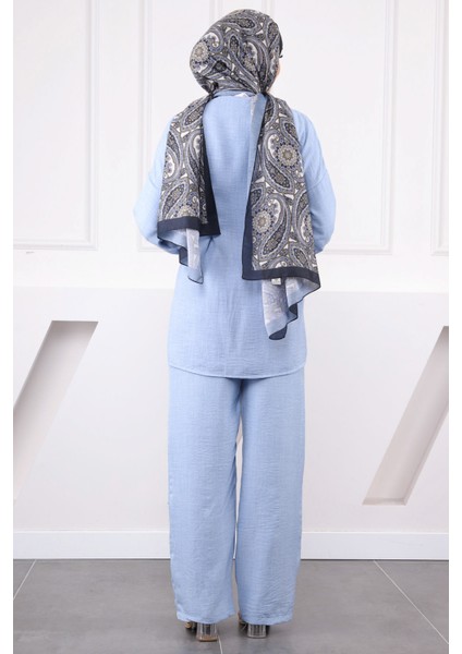 Bebe Mavi Çapraz Bağlamalı Keten Kimono Pantolon Takım modelleri