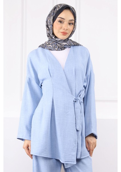 Bebe Mavi Çapraz Bağlamalı Keten Kimono Pantolon Takım fırsatları